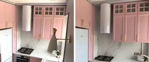 Розовая кухонька с множеством шкафчиков и техники всего на 5 квадратах