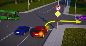 Изучаем ПДД. Может ли красный автомобиль повернуть направо?