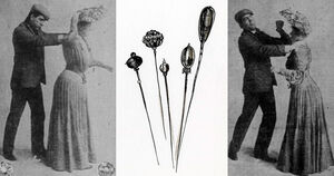В начале 20 века женщины умели обороняться булавками