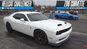Белый Dodge Challenger Hellcat неожиданно обходит C8 Chevrolet Corvette Z06 на дрэг-рейсе