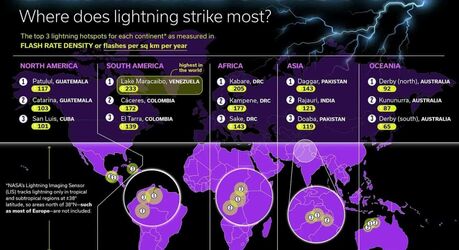 Карта: где молнии бьют чаще всего