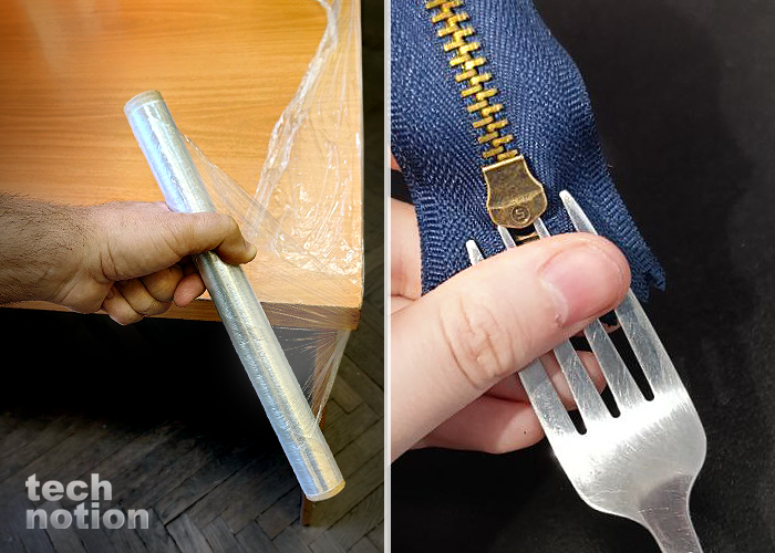 Для чего пищевой пленкой обматывать края стола, а на вилку надеваит ...